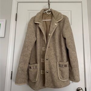Cozy Beige Fleece Coat with Patterned Pockets